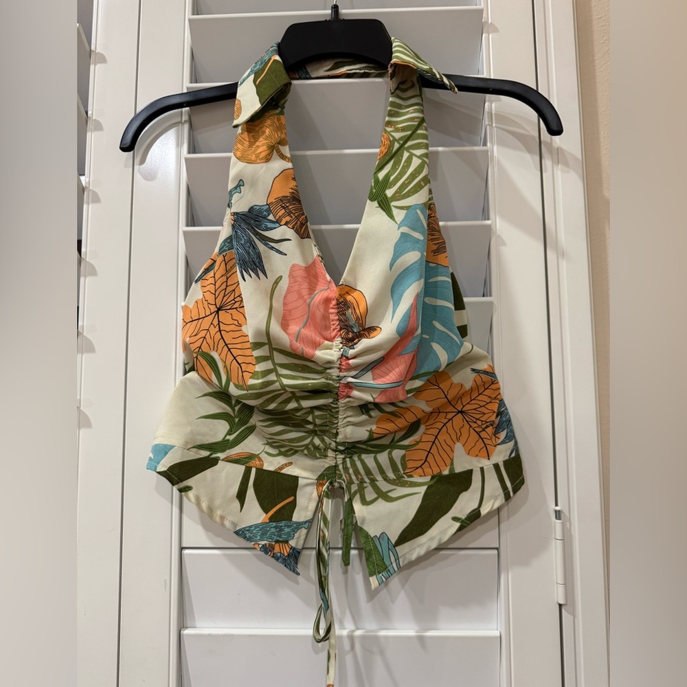 Milk & Honey Halter Neck Top Vacation  Floral Tropical Palm Medium
